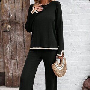 Black Casual Women's Holiday Leisure Color-Blocking Edging Long Sleeve Top